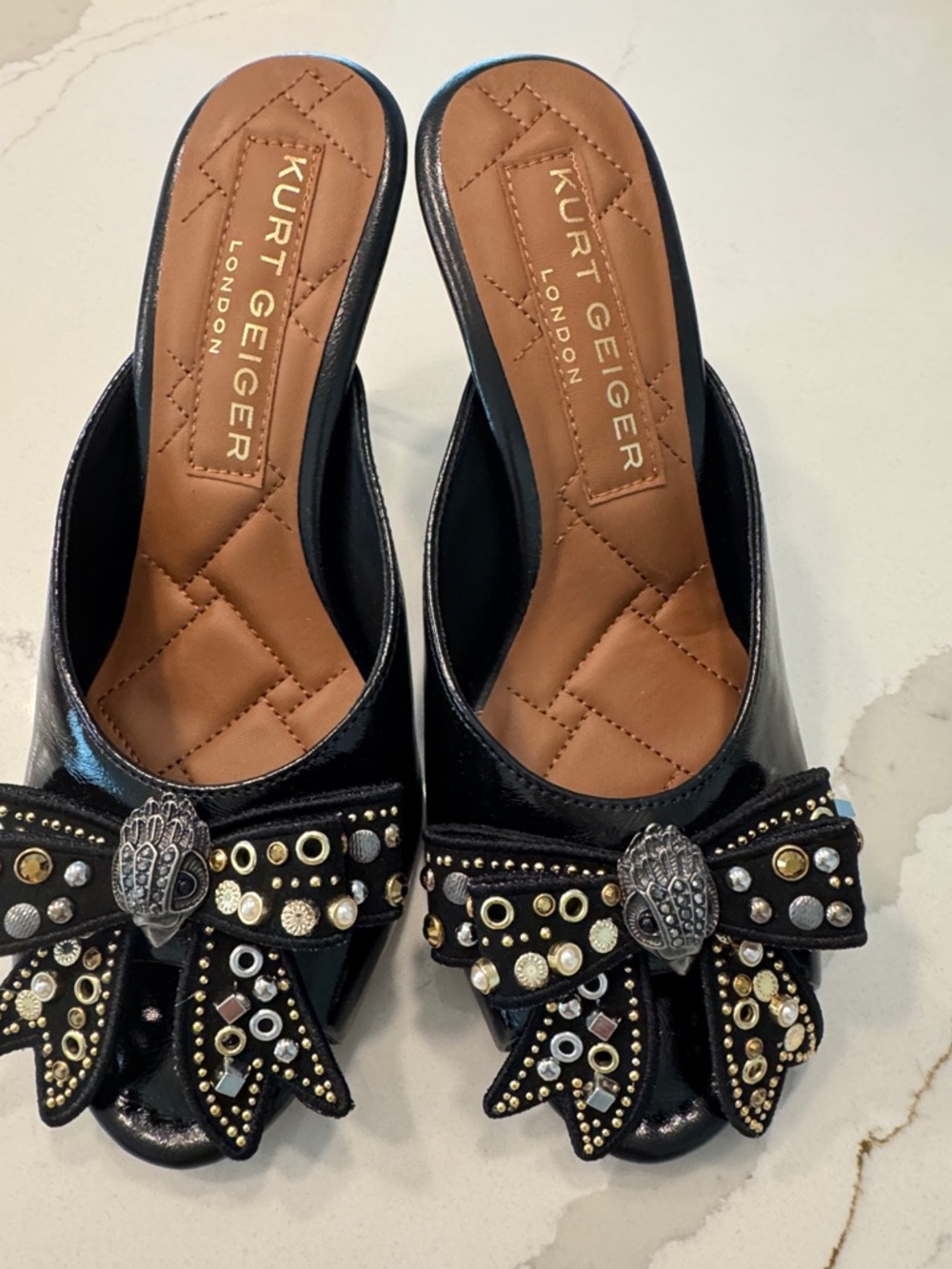 Kurt Geiger Black Patent Embellished Bow Mules